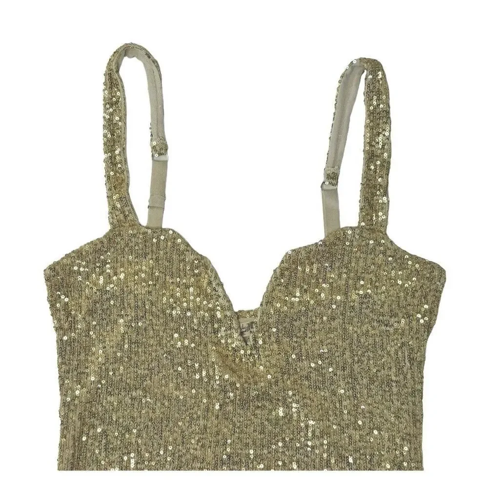INTIMATELY FREE PEOPLE Sparks Fly Iridescent Gold Shimmery Sequin Bodysuit Sz M - Picture 5 of 12